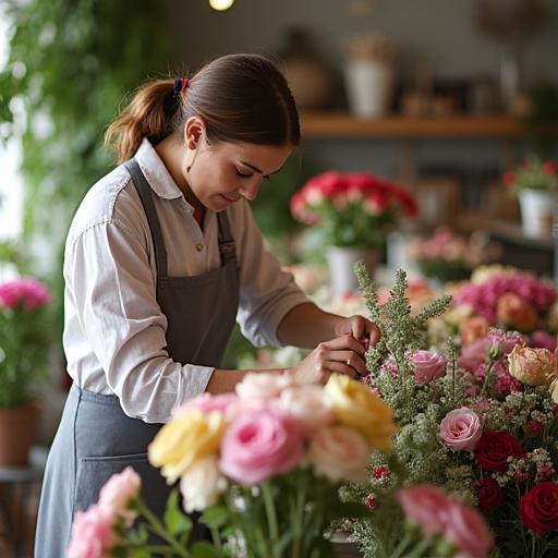 Elmoravitrean, the florist, arranging flowers in her shop